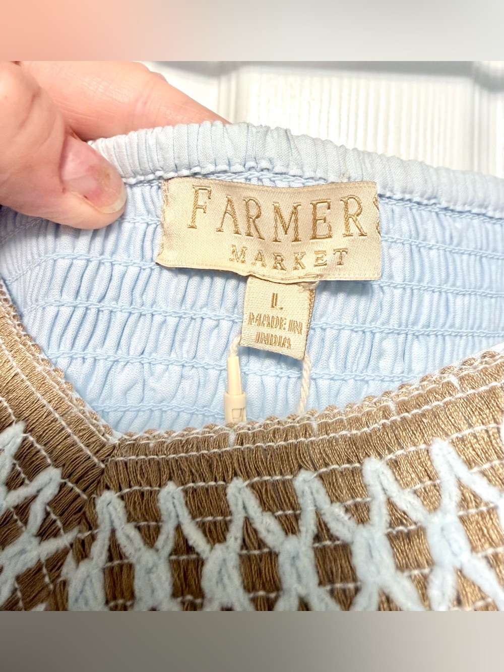 Light Blue Eyelet Midi Dress with Tan Trim - Picture 2 of 12